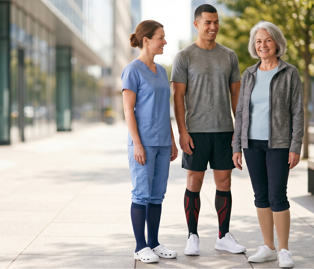 Three people standing together on a city street, with a modern building in the background.